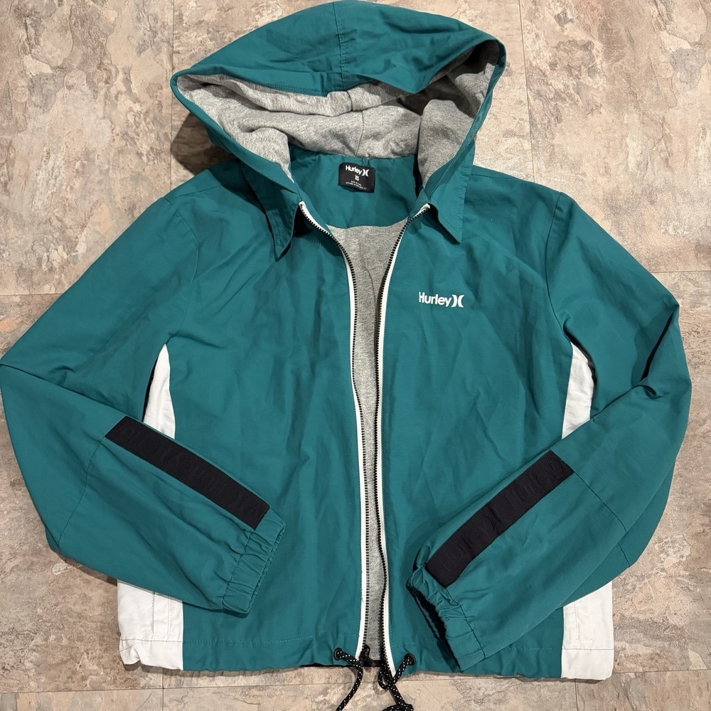 HURLEY One and Only Hooded Jacket XS Mystic Green Adjustable Waist 90s Surf Snow